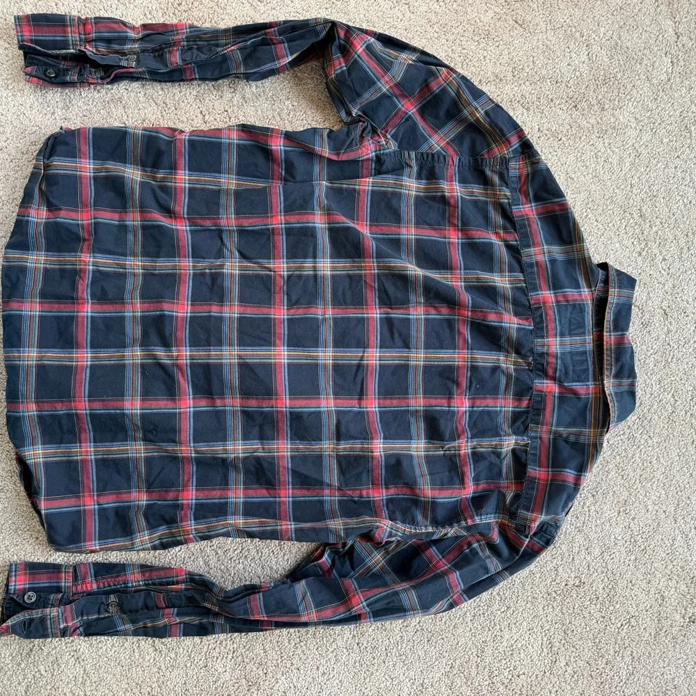 Banana Republic Navy Plaid Button-Up Shirt with Red and Green Stripes Size M